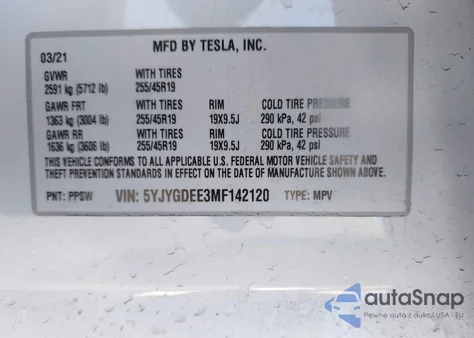 2021 Tesla Model Y Long Range Dual Motor All-Wheel Drive z USA, uszkodzony, nr VIN 5YJYGDEE3MF142120